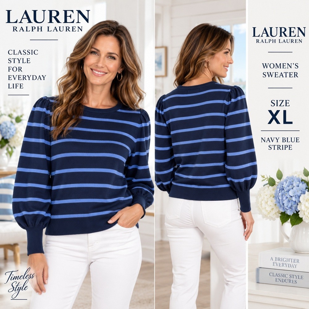 Lauren Ralph Lauren Womens XL Navy Striped Puff Sleeve Cotton Modal Sweater 1907